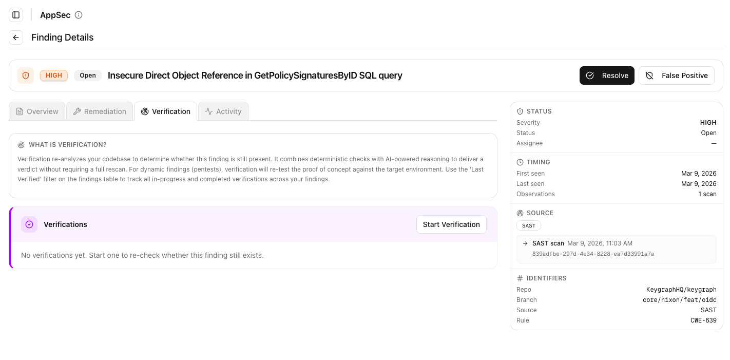Keygraph Enterprise finding-verification workflow